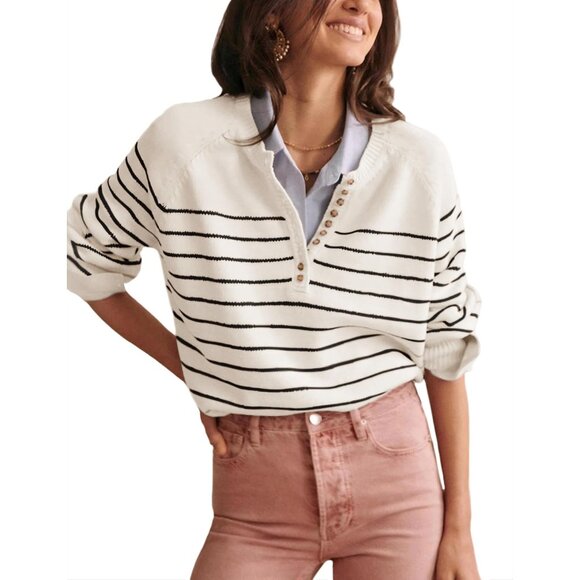 Sweaters - Women's Color Block Striped Sweater Button Up Crewneck Knit Top Small